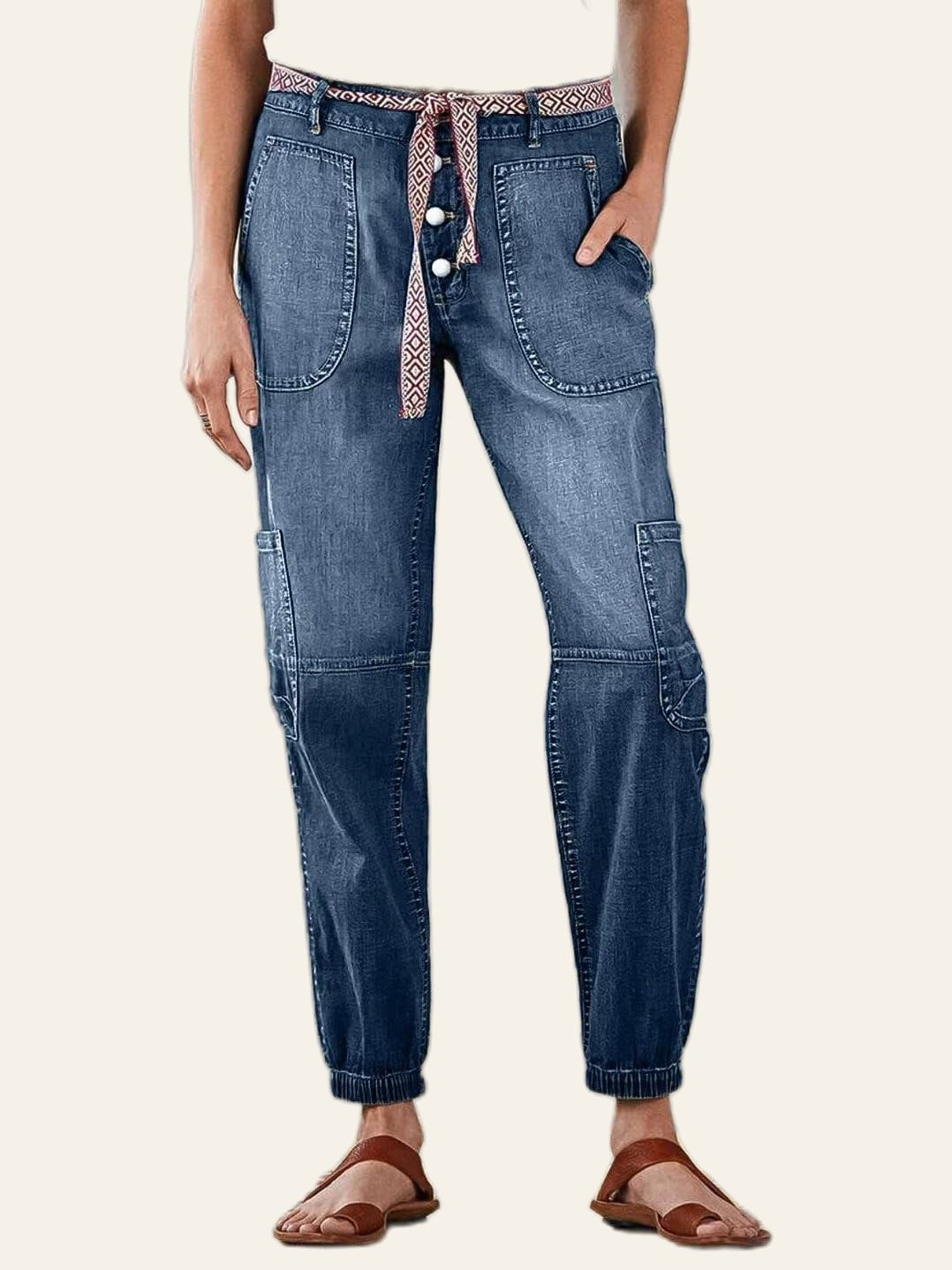 Dark-Wash Button-Front Denim Joggers