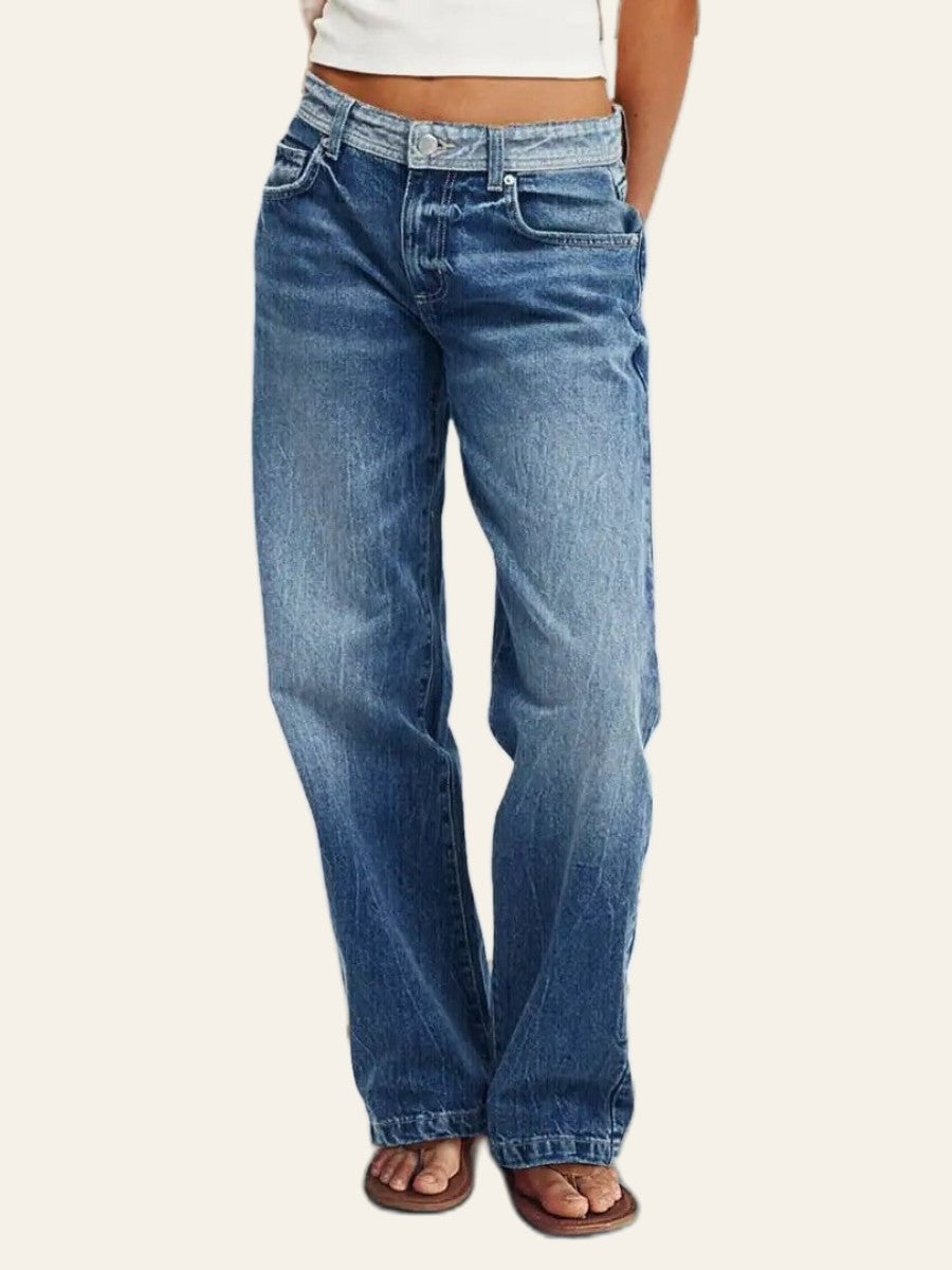 Contrast-Waistband Wide-Leg Jeans