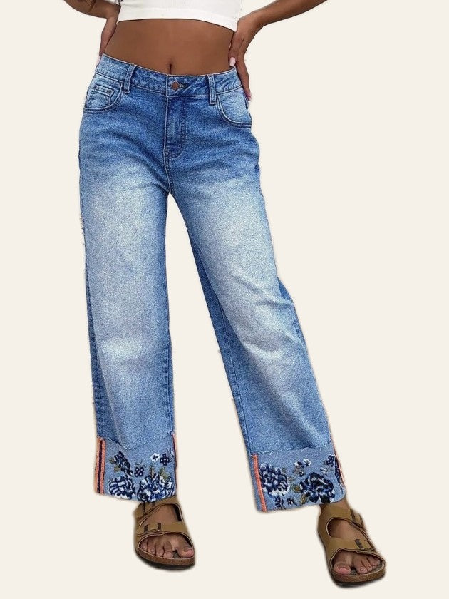 Floral-Hem Straight Ankle Jeans