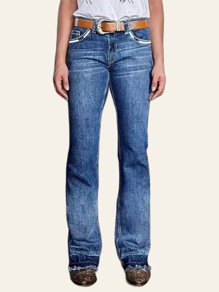 Frayed-Pocket Bootcut Jeans