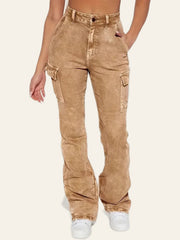 Washed-Tan Cargo Flare Jeans