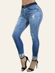 Contrast-Waistband Slim Ankle Jeans