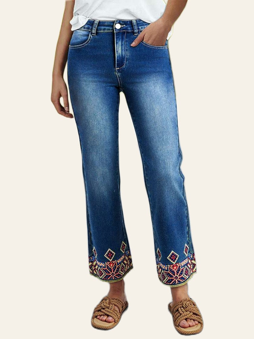 Embroidered-Hem Straight Ankle Jeans