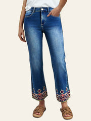 Embroidered-Hem Straight Ankle Jeans