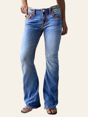 Contrast-Stitch Flap-Pocket Bootcut Jeans