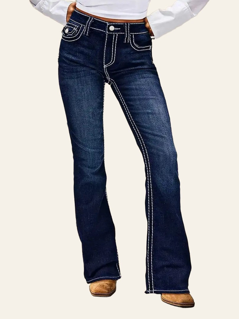 Dark-Wash Contrast-Stitch Bootcut Jeans