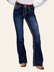Dark-Wash Contrast-Stitch Bootcut Jeans