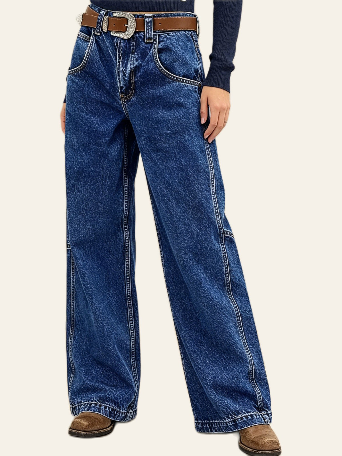 Dark-Wash Utility Wide-Leg Jeans
