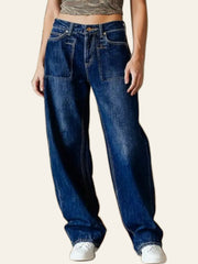 Dark-Wash Patch-Pocket Wide-Leg Jeans