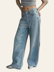 Floral-Linework Wide-Leg Jeans