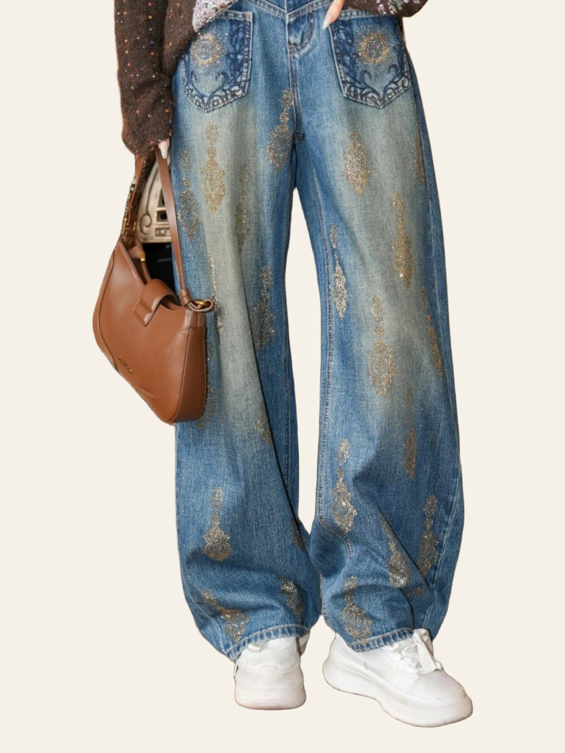 Embellished Patch-Pocket Wide-Leg Jeans