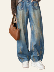 Embellished Patch-Pocket Wide-Leg Jeans