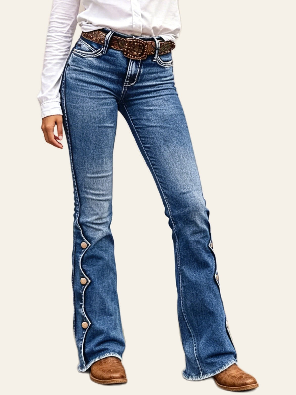 Scalloped Button-Detail Bootcut Jeans