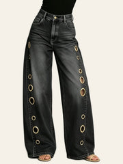 Washed-Black Grommet Wide-Leg Jeans
