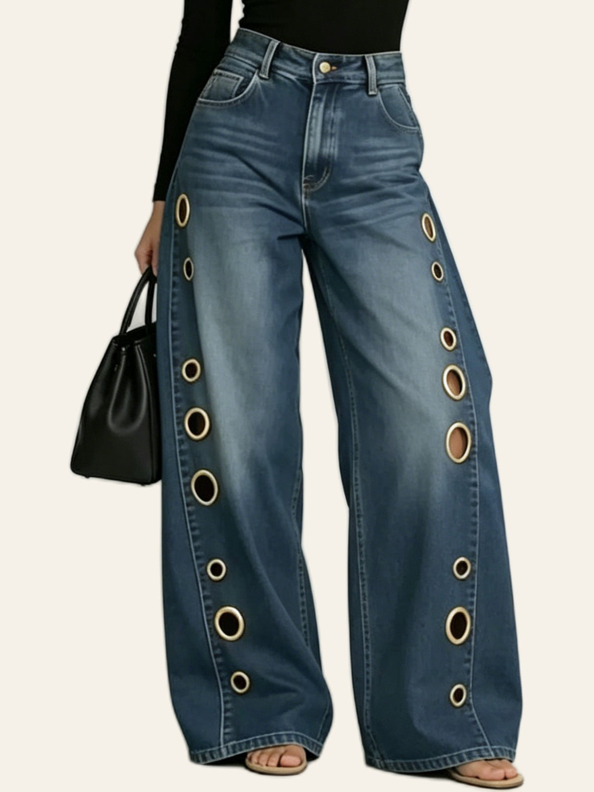 Vintage-Blue Grommet Wide-Leg Jeans