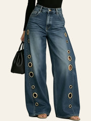 Vintage-Blue Grommet Wide-Leg Jeans