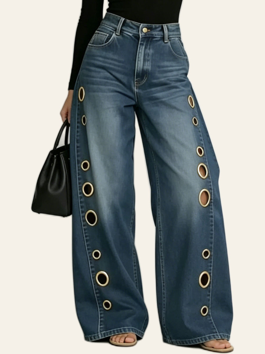 Vintage-Blue Grommet Wide-Leg Jeans