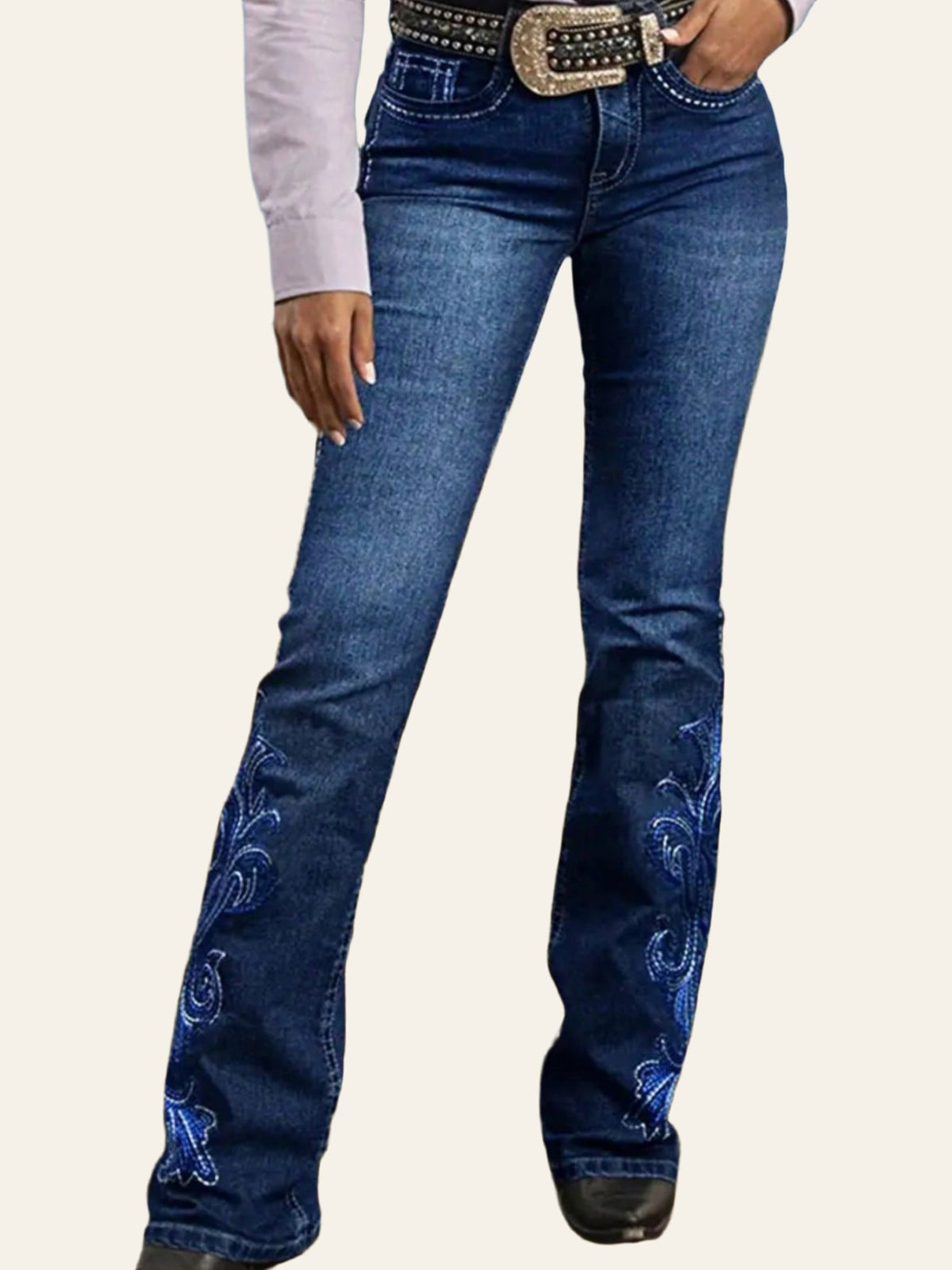 Scroll-Embellished Bootcut Jeans