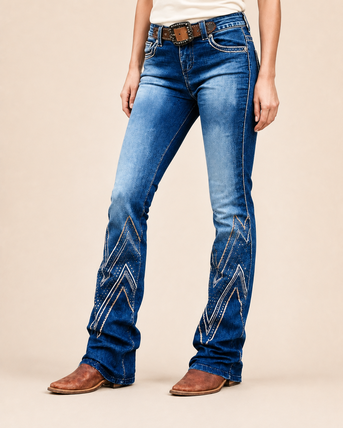 Chevron-Detail Stretch Bootcut Jeans