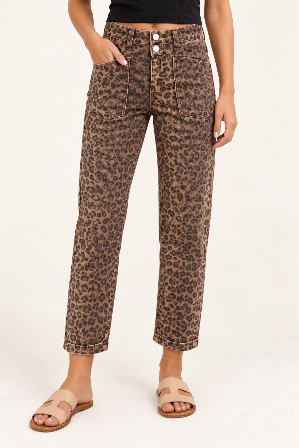 Leopard Cuffed Straight-Leg Crop Pants