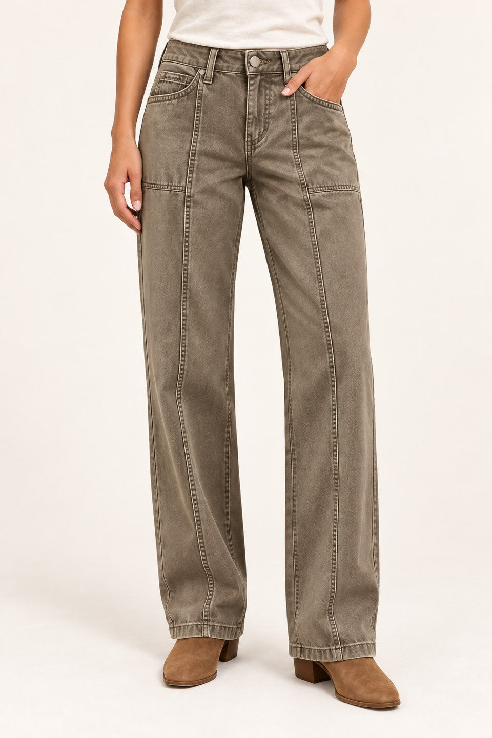 Taupe Seamed Straight-Leg Pants