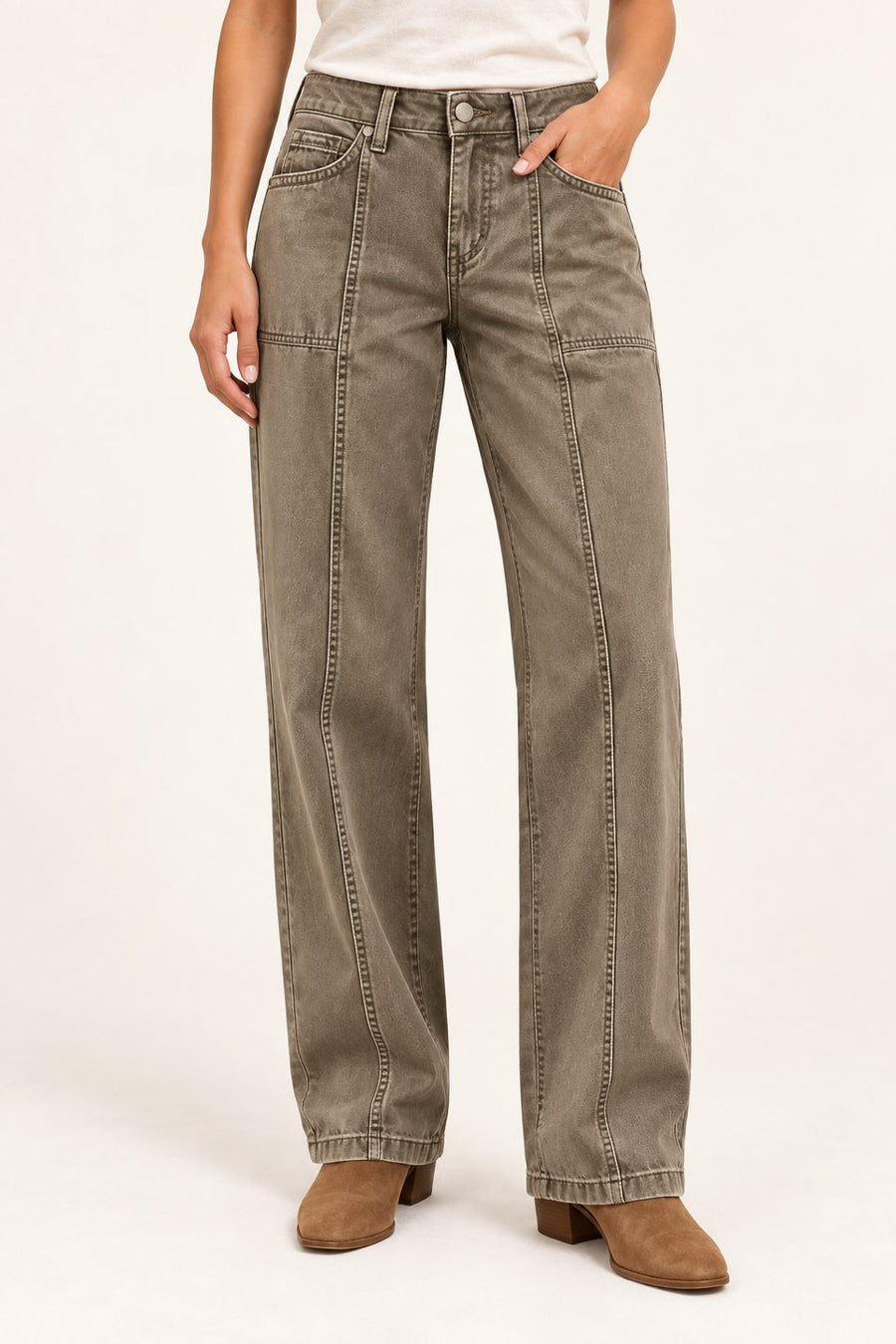 Taupe Seamed Straight-Leg Pants