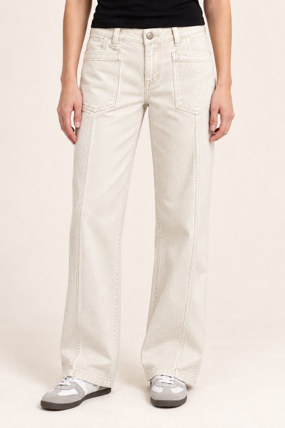 Beige Patch-Pocket Straight-Leg Pants