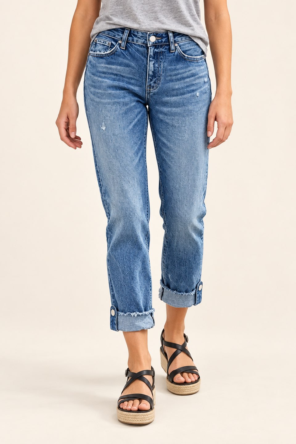 Button-Tab Cuffed Straight-Leg Jeans