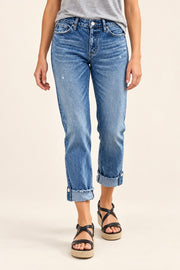 Button-Tab Cuffed Straight-Leg Jeans