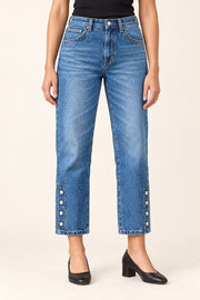 Button-Hem Straight-Leg Crop Jeans