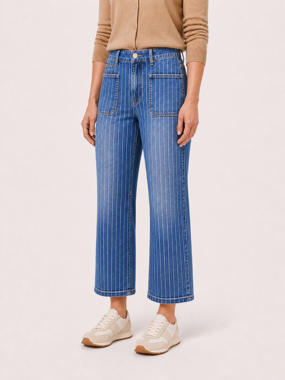 Pinstripe Patch-Pocket Cropped Jeans
