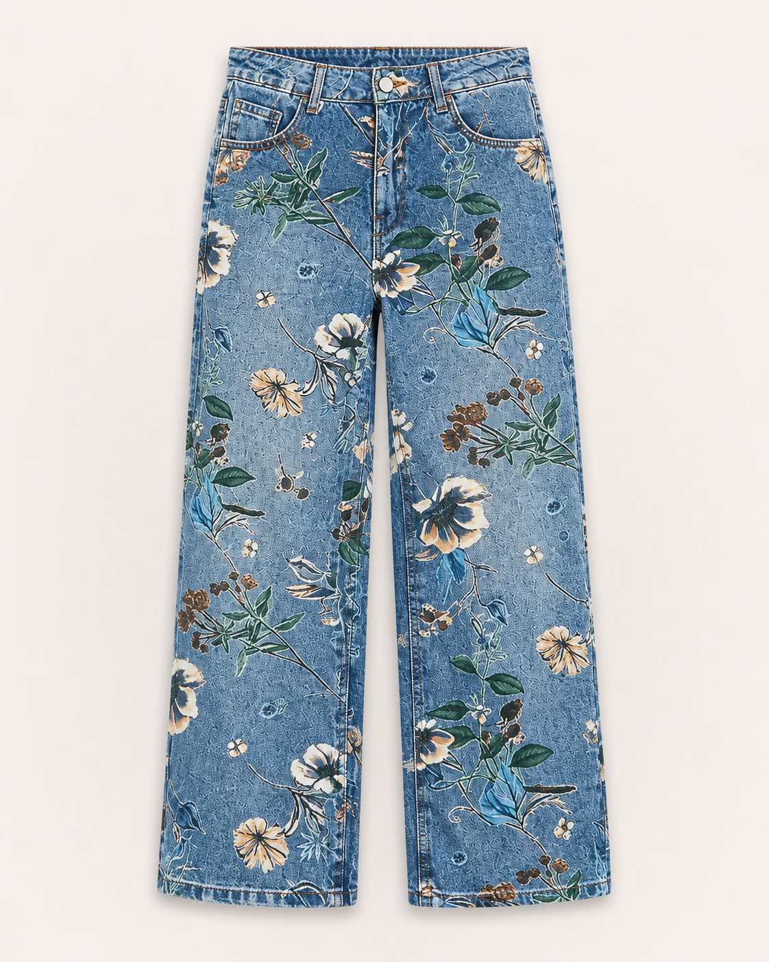 Allover Floral Pattern Straight Leg High Rise Crop Jeans