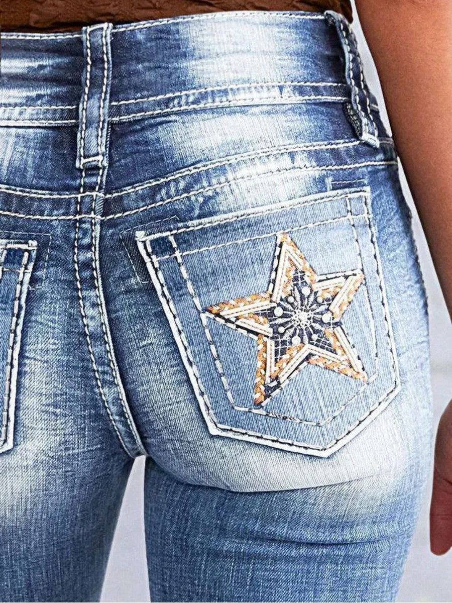 Star-Pocket Double-Button Bootcut Jeans