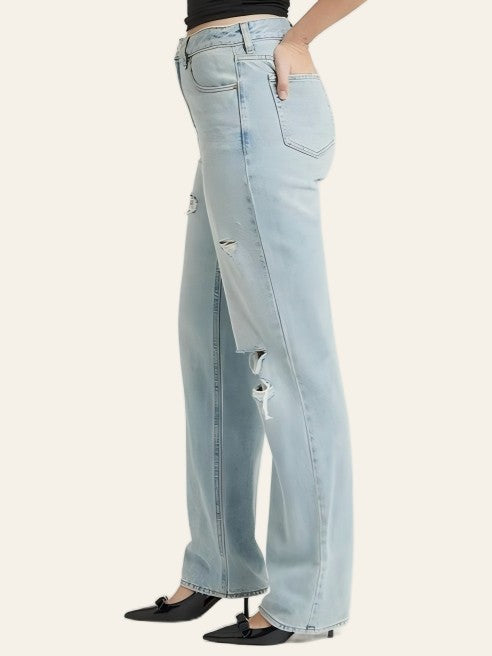 Light-Wash Ripped Wide-Leg Jeans