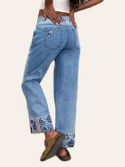 Floral-Hem Straight Ankle Jeans