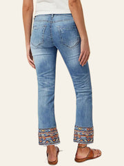Patterned-Cuff Straight Ankle Jeans