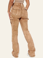 Washed-Tan Cargo Flare Jeans
