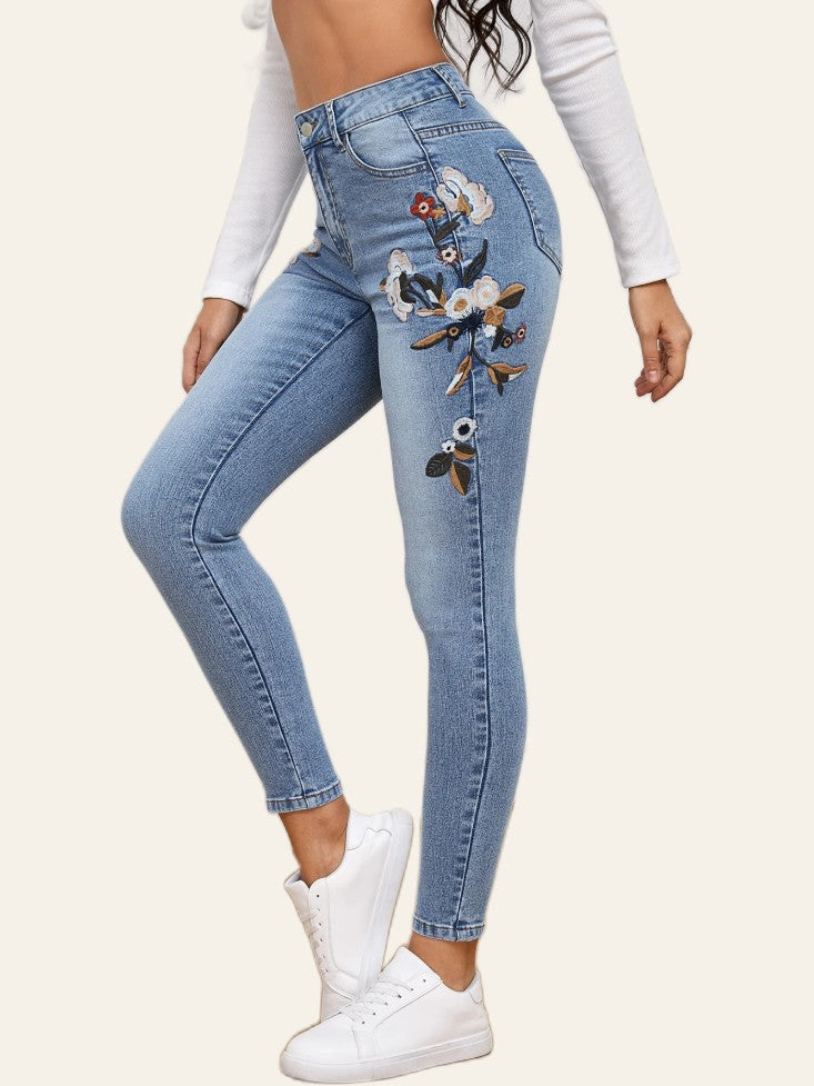 Floral-Embroidered Skinny Ankle Jeans