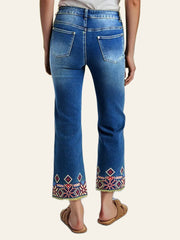 Embroidered-Hem Straight Ankle Jeans