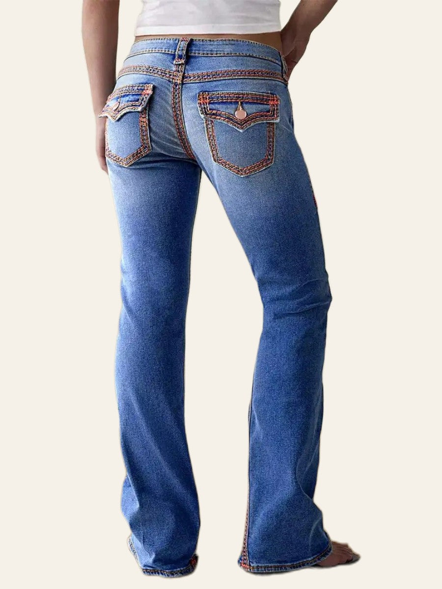Contrast-Stitch Flap-Pocket Bootcut Jeans