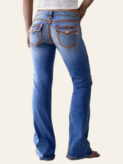 Contrast-Stitch Flap-Pocket Bootcut Jeans