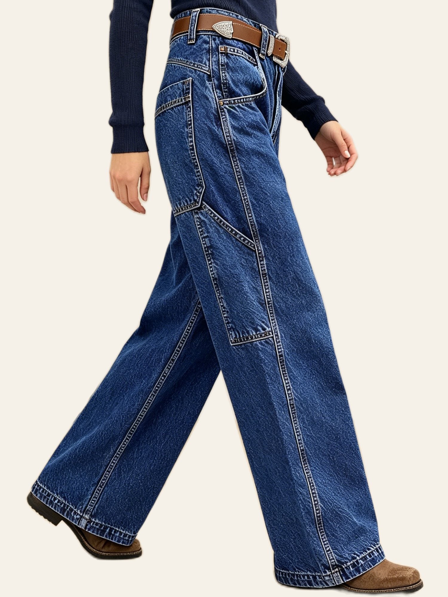 Dark-Wash Utility Wide-Leg Jeans