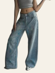Floral-Linework Wide-Leg Jeans