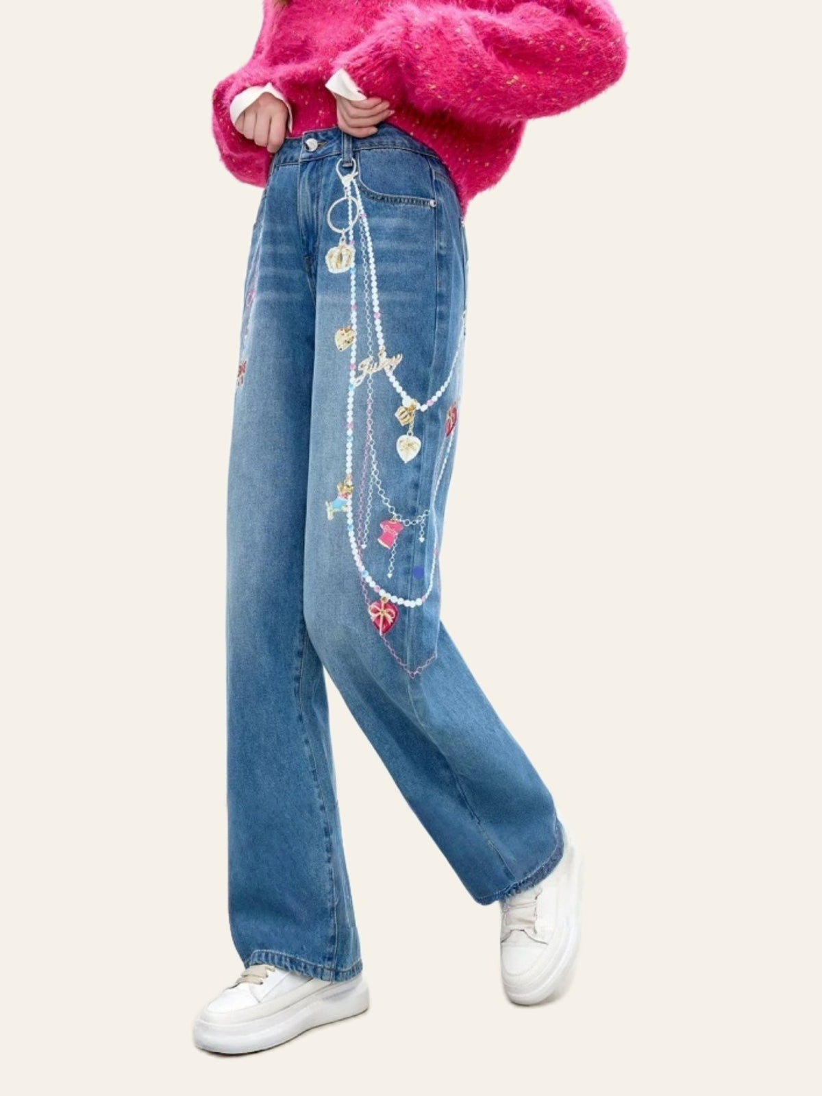 Bow-Detail Wide-Leg Jeans