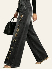 Washed-Black Grommet Wide-Leg Jeans