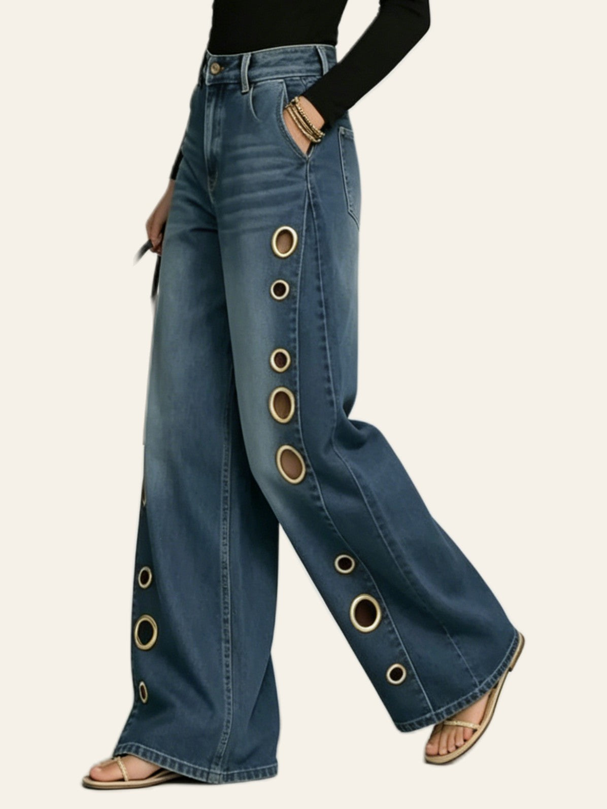 Vintage-Blue Grommet Wide-Leg Jeans