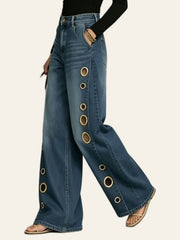Vintage-Blue Grommet Wide-Leg Jeans