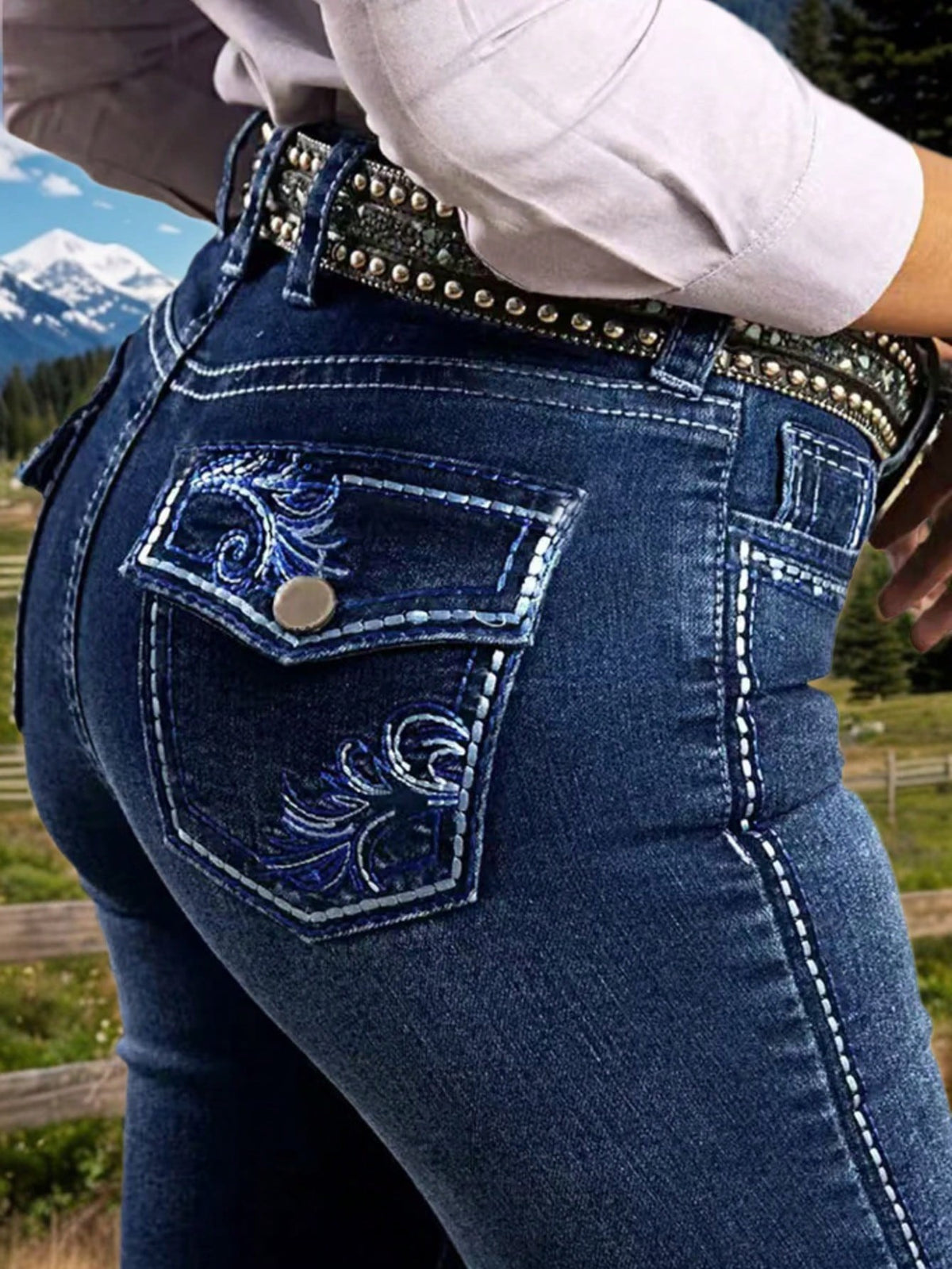 Scroll-Embellished Bootcut Jeans