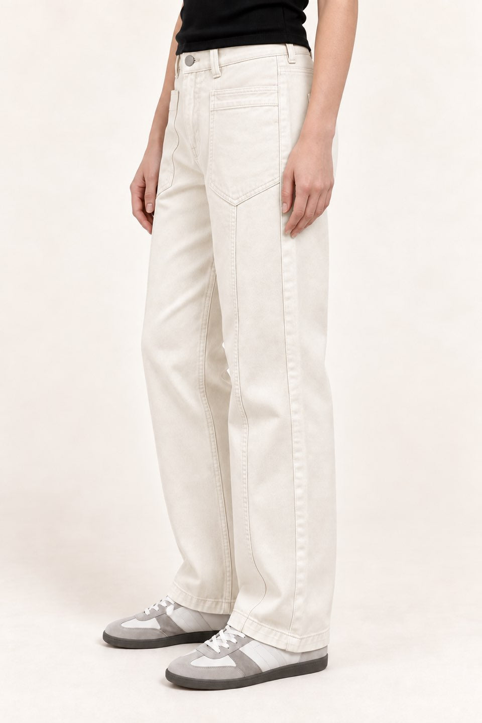 Beige Patch-Pocket Straight-Leg Pants