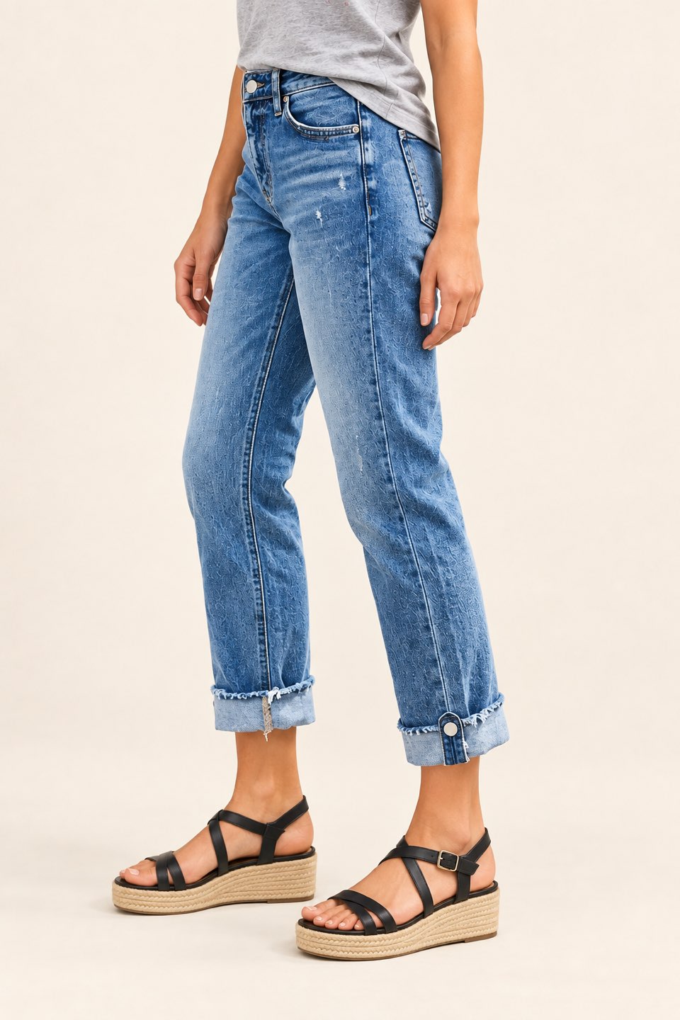 Button-Tab Cuffed Straight-Leg Jeans